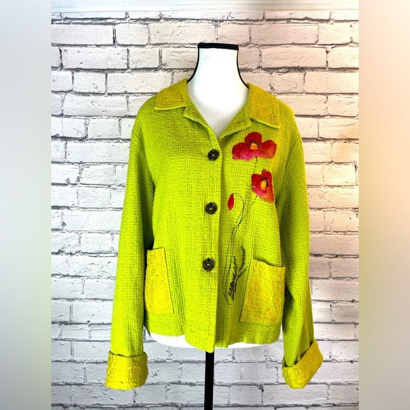 odile Sweaters - Odile Green Floral Hand Painted Lightweight Jacket Shacket Vintage Size Large